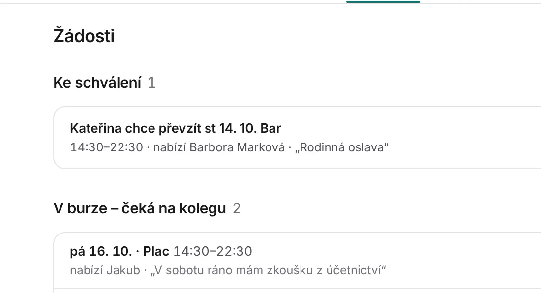 Žádosti: převzetí směny ke schválení a směny v burze čekající na kolegu.