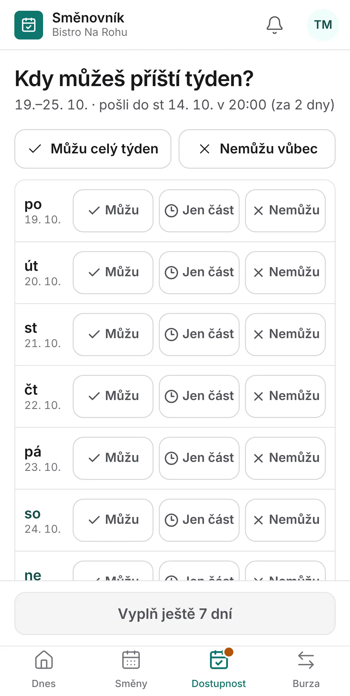 Telefon: Kdy můžeš příští týden? U každého dne tlačítka Můžu, Jen část, Nemůžu.